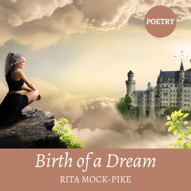 Woman perched on precipice looking toward distant castle - Birth of a Dream - poetry