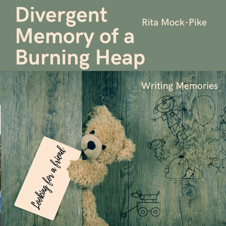 light brown teddy bear peering around corner, holding sign saying "looking for a friend" - divergent memory of a burning heap