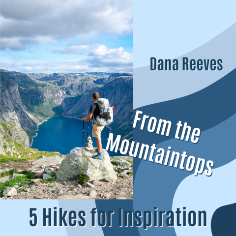 Man standing atop peak of mountain, overlooking lake and valley below - hikes for inspiration