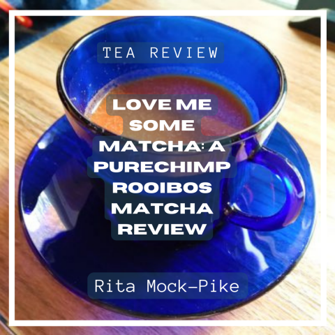 thick reddish brown tea in blue glass teacup and saucer - PureChimp Rooibos Matcha