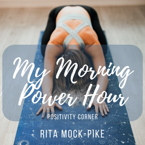 Woman stretching on yoga mat, head to ground - my morning power hour