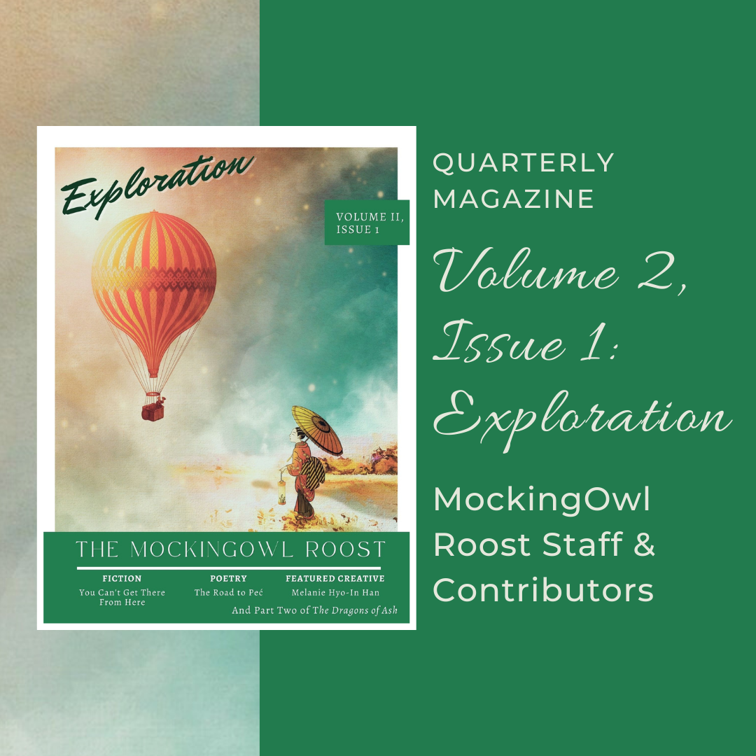 MockingOwl Roost quarterly issue: Exploration (illustration of Asian woman on beach looking up at hot air balloon)