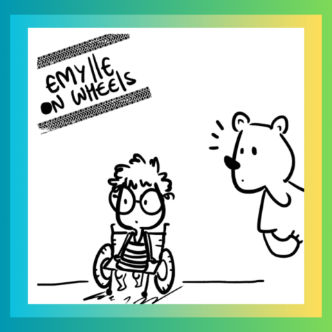 Emylle on Wheels 1 - person in wheelchair with bear peering around corner at person