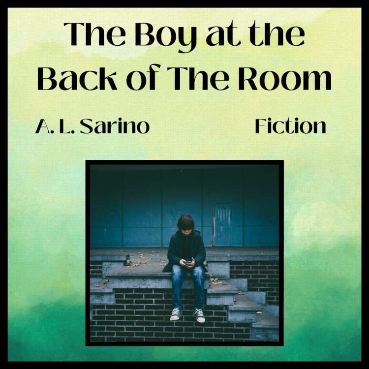 The boy at the back of the room, short story cover with young man sitting on steps