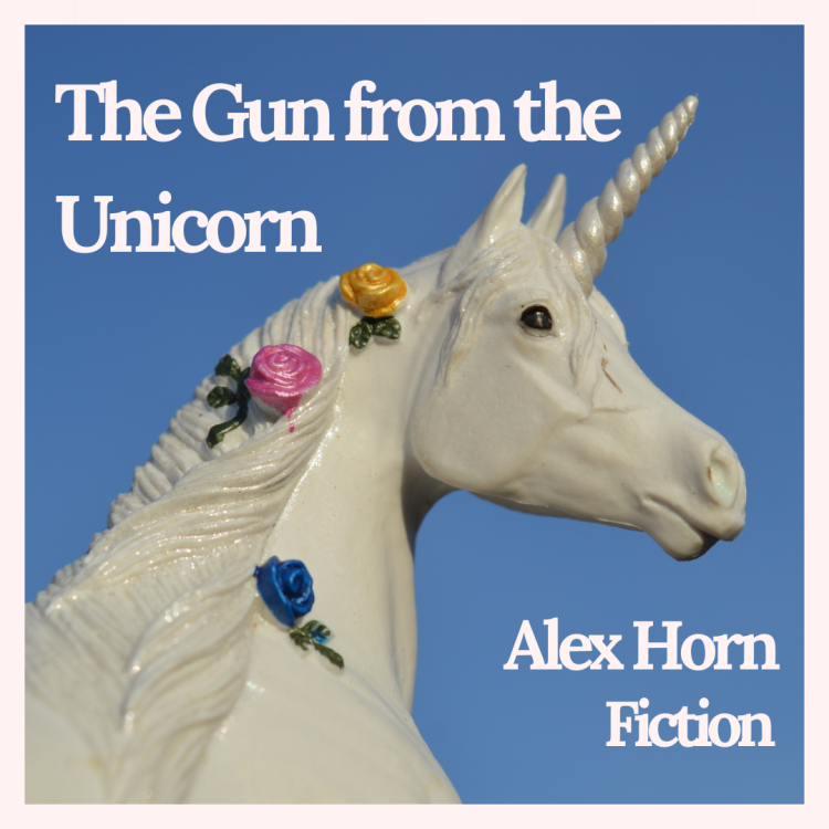 cover image with unicorn with flowers in its hair - the Gun from the Unicorn