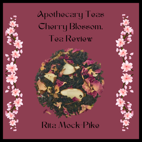 Apothecary Tea review, loose leaf tea on cranberry background with flowers on sides
