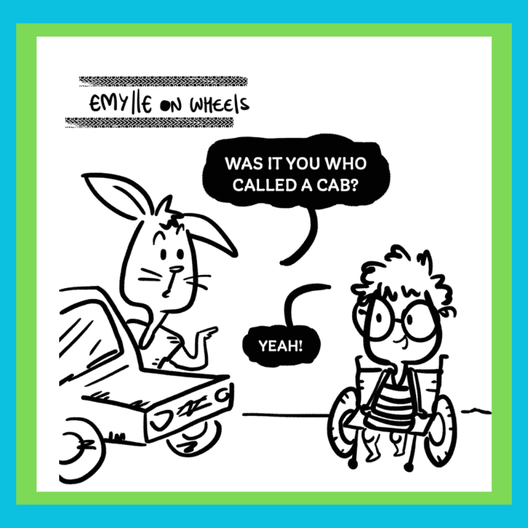 single panel of black and white web comic Emylle on Wheels 2 - rabbit in car, woman in wheelchair, text