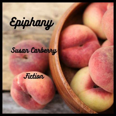 An epiphany in peaches, photo cover for short fiction with bucket of peaches