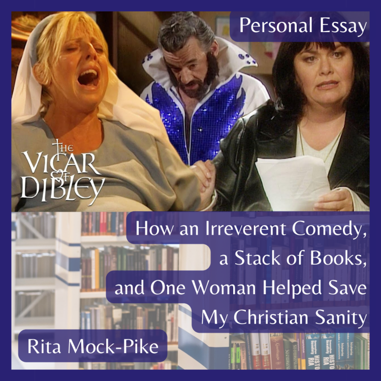 Image from TV Show "Vicar of Dibley" with two women, one in labor, and a man dressed as Elvis in background - How an Irreverent Comedy, a Stack of Books, and One Woman Helped Save My Christian Sanity