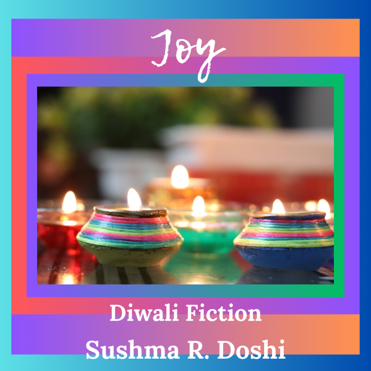 Joy, a Diwali Tale - cover image in many colors with brightly colored candles for Diwali