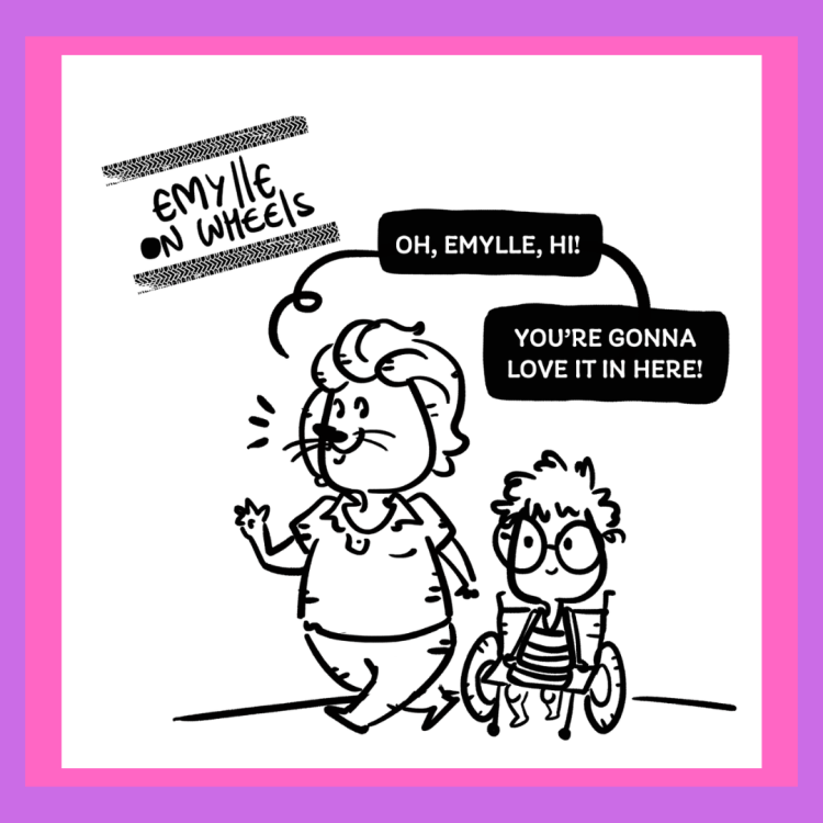 Emylle on Wheels, episode 4 image cover - lion walking beside Emylle, a woman in a wheelchair