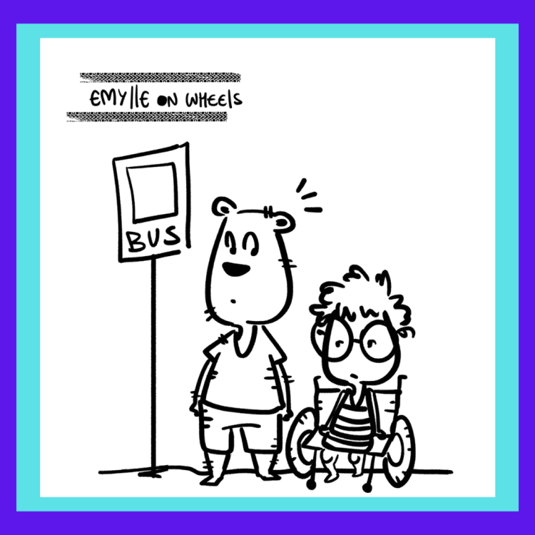 Emylle On Wheels Episode 3 - bear standing beside woman in wheelchair, web comic panel