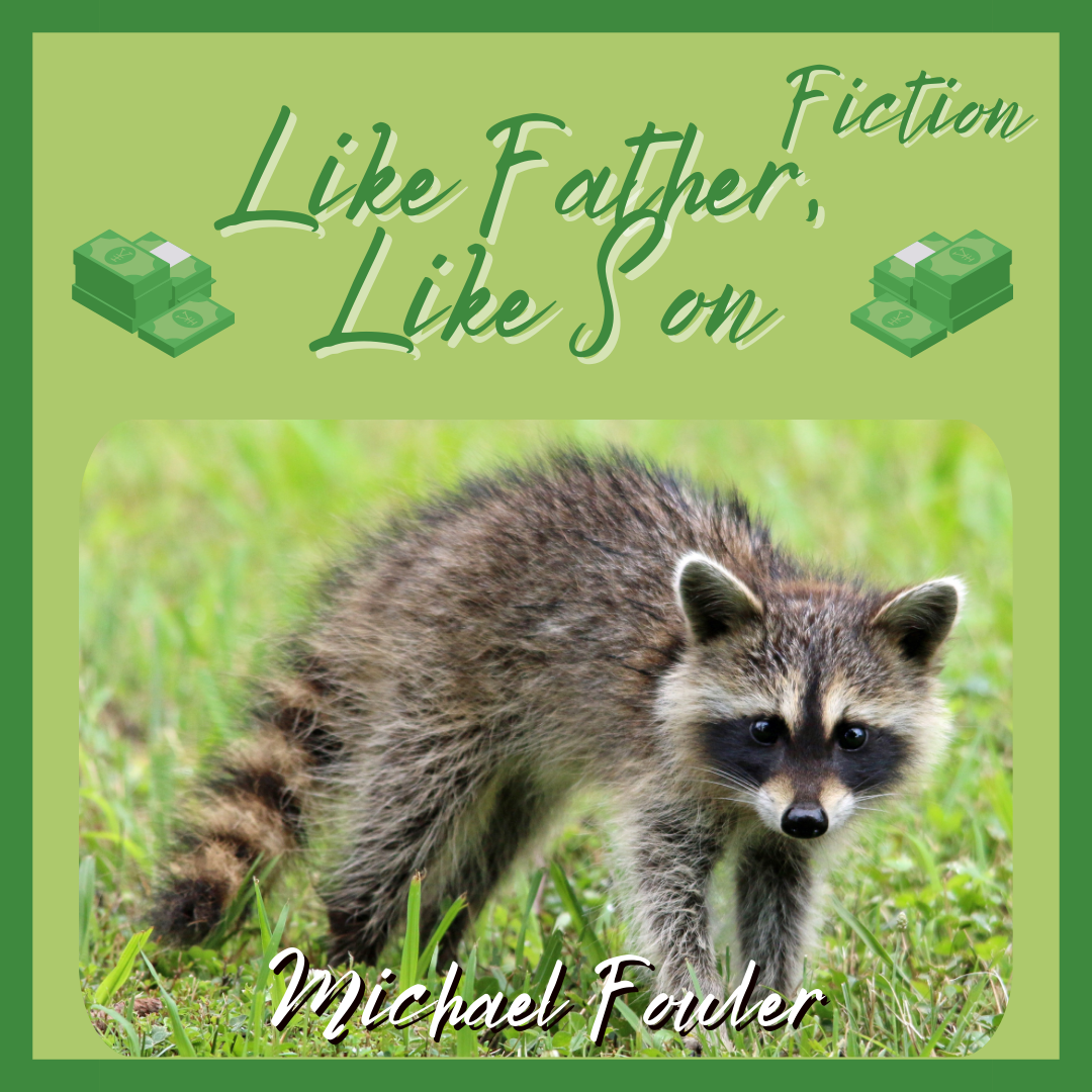 like father like son - image of raccoon in grass with text: like father like son, fiction, Michael Fowler