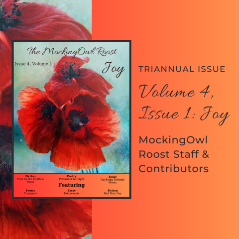 Orange-tinged poppies on sea-green background, reading Joy, the MockingOwl Roost Volume 4, Issue 1