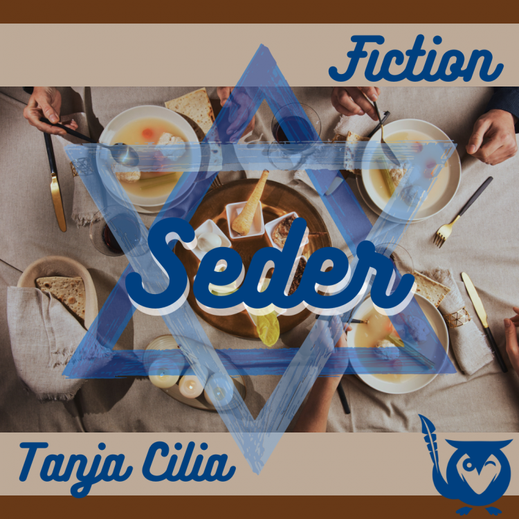 Seder table set for the Passover meal - with Star of David in blue over top