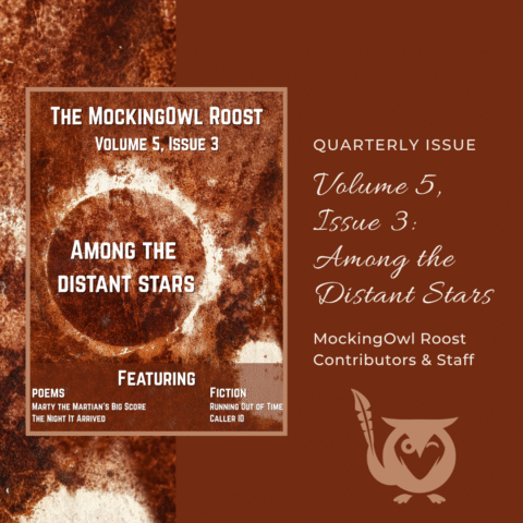 Among the Distant Stars - science fiction issue of the MockingOwl Roost - image of a hot, burning sun with a red aura - TEXT: Quarterly Issue - Volume 5, Issue 3: Among the Distant Stars - MockingOwl Roost Contributors and Staff