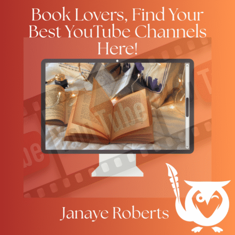 Orange and red gradient background, with a desktop monitor at center, with a picture of a book on the screen. A faded "YouTube" imprint has been placed over the center of the image. TEXT: Book Lovers, Find Your Best YouTube Channels Here! - Janaye Roberts