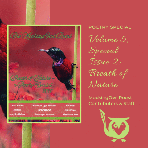 Breath of Nature - Poetry Special of the MockingOwl Roost - image of a red background with vivis red, purple, and black bird grapsing a bright green plant stalk. TEXT: Poetry Special, Volume 5, Special Issue 2: Breath of Nature - MockingOwl Roost Contributors and Staff