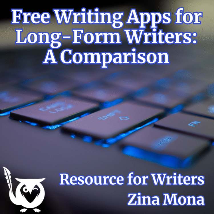 Lit up laptop keyboard with blue light underneath. Text: Free Writing Apps for Long-Form Writers: A Comparison - Resources for Writers - Zina Mona