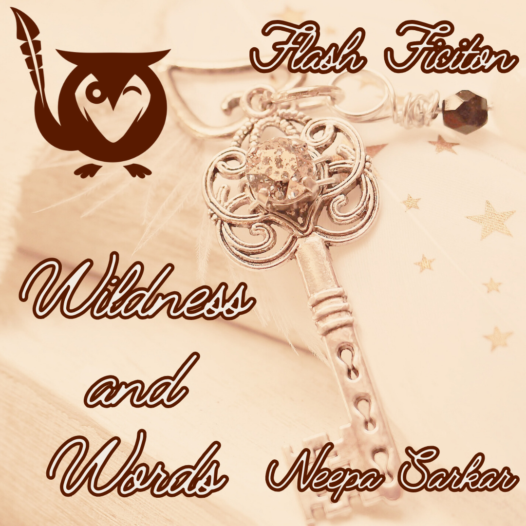 Aged image of a pretty key with intricate designs, over a letter - TEXT: Flash Fiction - Wildness and Words - Neepa Sarkar - old stories come to life!