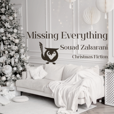 A square image featuring a monochromatic white and silver Christmas scene with a plush, elegant, and cozy vibe. The setting is an indoor room with classic wainscoting on the wall. On the left is a tall, fully decorated Christmas tree covered in white and silver ornaments. A white sofa with throw pillows and a chunky knit blanket is centered in the foreground. Large, white paper lanterns hang from the ceiling on the right. The overall mood is quiet, luxurious, and peaceful. A dark brown owl logo is positioned above the sofa. Advent Text: Missing Everything, Souad Zakarani, Christmas Fiction