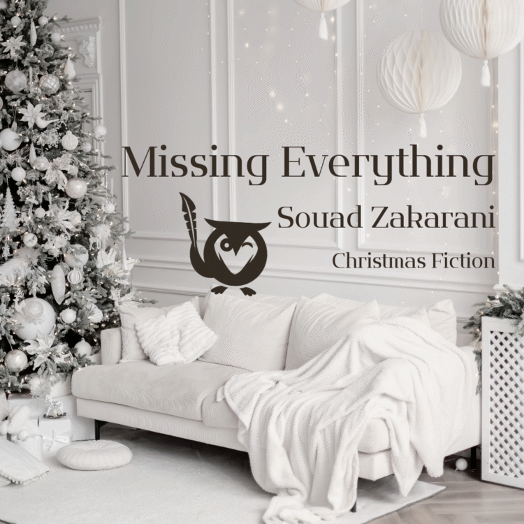 A square image featuring a monochromatic white and silver Christmas scene with a plush, elegant, and cozy vibe. The setting is an indoor room with classic wainscoting on the wall. On the left is a tall, fully decorated Christmas tree covered in white and silver ornaments. A white sofa with throw pillows and a chunky knit blanket is centered in the foreground. Large, white paper lanterns hang from the ceiling on the right. The overall mood is quiet, luxurious, and peaceful. A dark brown owl logo is positioned above the sofa. Advent Text: Missing Everything, Souad Zakarani, Christmas Fiction