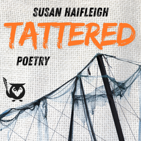A square image with a rough, textural vibe. The background is an off-white, beige material that looks like burlap or canvas. Across the bottom, dark, tattered fishing nets are stretched taut and draped over a black, mast-like structure, giving the image a feeling of wear, decay, and marine life. The overall mood is rugged, distressed, and evokes the sea. A small black owl logo is visible on the left. faith requires surrender Text: SUSAN HAIFLEIGH, TATTERED, POETRY