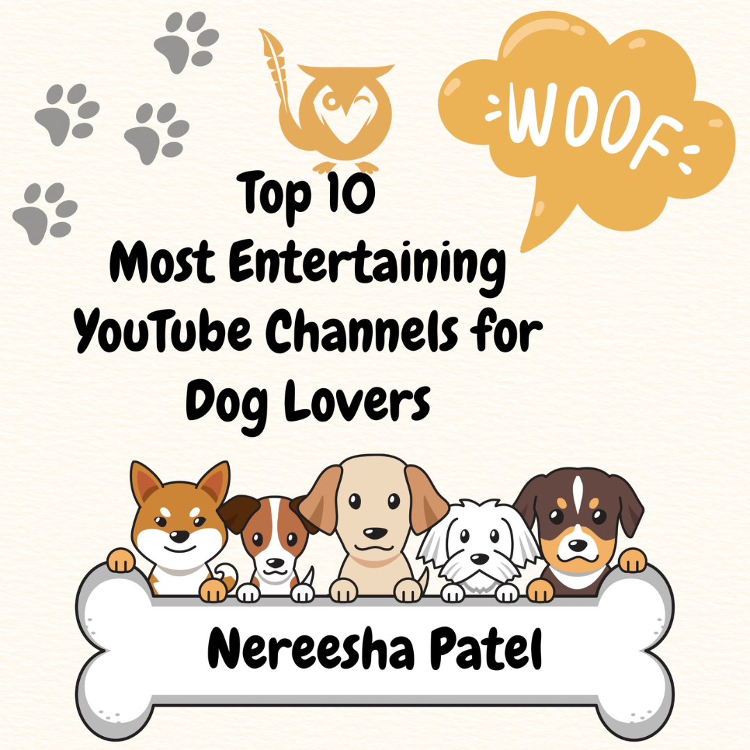 Illustration of dogs gathered over a dog bone, paw prints in the top with. TEXT: Top 10 Most Entertaining YouTube Channels for Dog Lovers - Nereesha Patel