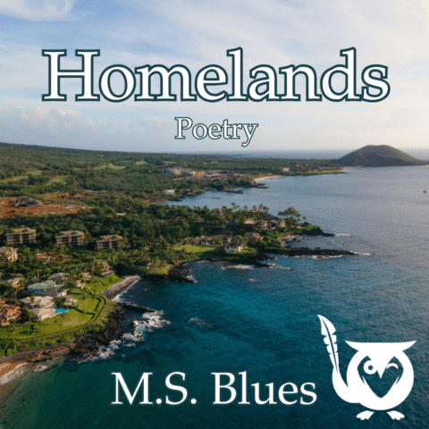 Coastline of an island with small village type houses along the shore. TEXT: Homelands - Poetry - M.S. Blues