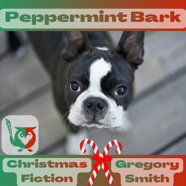 Red and green gradient background. A Boston terrier puppy center, looking up at the camera. TEXT: Peppermint Bark, Christmas Fiction, Gregory Smith - a puppy for Christmas!