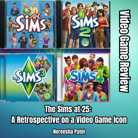 A square image containing photographs of the 4 covers of The Sims franchise. Each is presented as if inside a clear CD case. The background features a gradient of blues and greens. The text is outlined in a thick black stroke at the bottom of the page with the genre vertically along the side. The overall feel is organized and informative. The Sims TEXT: The Sims at 25: A Retrospective on a Video Game Icon, Nereesha Patel, The Sims, The Sims 2, The Sims 3, The Sims 4, Video Game Review