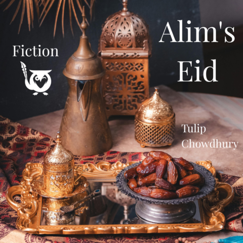 A dinner table spread with an Eid feast. Oil lamps and pots, dates, almonds - prepared for a feast of fate. TEXT: Alim's Eid - Fiction - Tulip Chowdhury