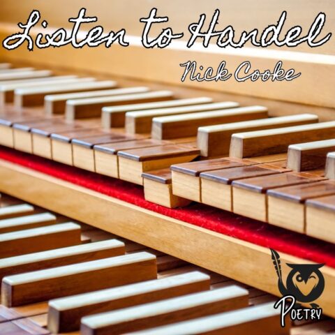 Warm light glows across rows of polished wooden piano or organ keys, stretching diagonally into the distance. A rich strip of red felt runs between the rows, adding a bold line of color against the smooth wood. The repeating keys create a steady, rhythmic pattern that feels quiet and expectant, like music waiting to be played. The title sits across the top in textured script, with the author’s name just below. cembalo - TEXT: Listen to Handel, Nick Cooke, Poetry