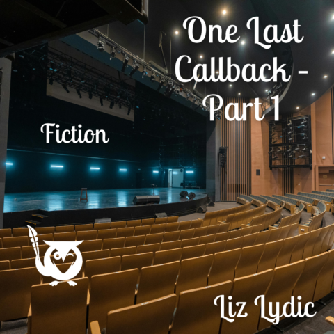View from the house of an empty stage, lit up with dim, blue foot lights. Ready for Hell week. TEXT: One Last Callback, Part 1 - Fiction - Liz Lydic