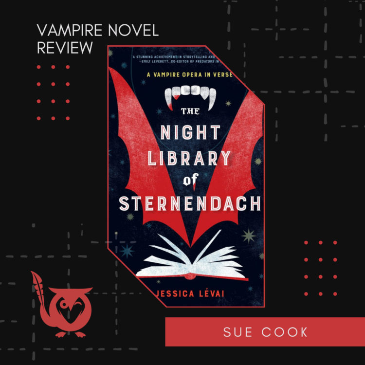 Black and red book cover reading "The Night Library of Sternendach" by Jessica Levai - TEXT of image: Book Review, Sue Cook