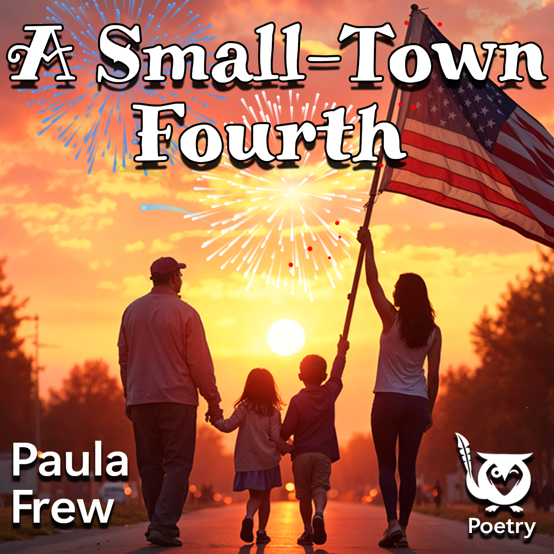 A_Small-Town_Fourth_-_paula_frew A family of four walks down a road at sunset holding hands and carrying an American flag, with fireworks bursting in the warm orange sky above them. Firetrucks sing Text: A Small-Town Fourth, Paula Frew, Poetry.