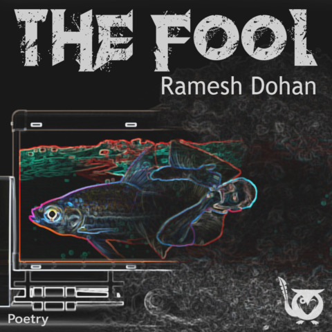 A neon-outlined fish swims across the screen of a stylized laptop set against a dark, textured background. fish's eye Text: The Fool, Ramesh Dohan, Poetry.