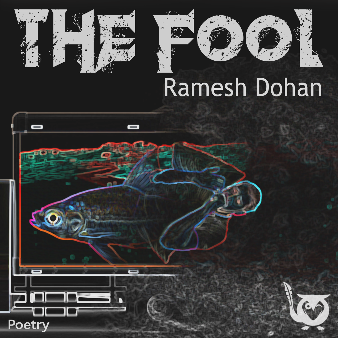 The_Fool__-_Ramesh_Dohan A neon-outlined fish swims across the screen of a stylized laptop set against a dark, textured background. fish's eye Text: The Fool, Ramesh Dohan, Poetry.
