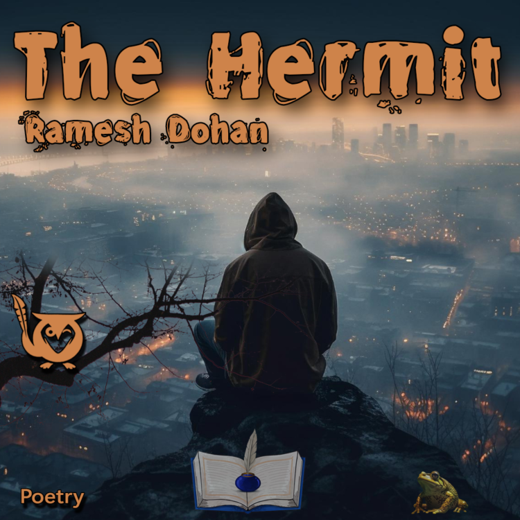 A person in a hooded jacket sits alone on a rocky ledge, looking out over a foggy city at dusk. late hours Text: The Hermit, Ramesh Dohan, Poetry.