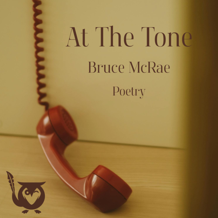 A red landline phone dangling on the floor by the cord. Message Text: At The Tone, Bruce McRae, Poetry