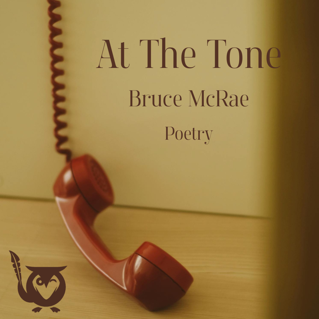 At_The_Tone A red landline phone dangling on the floor by the cord. Message Text: At The Tone, Bruce McRae, Poetry