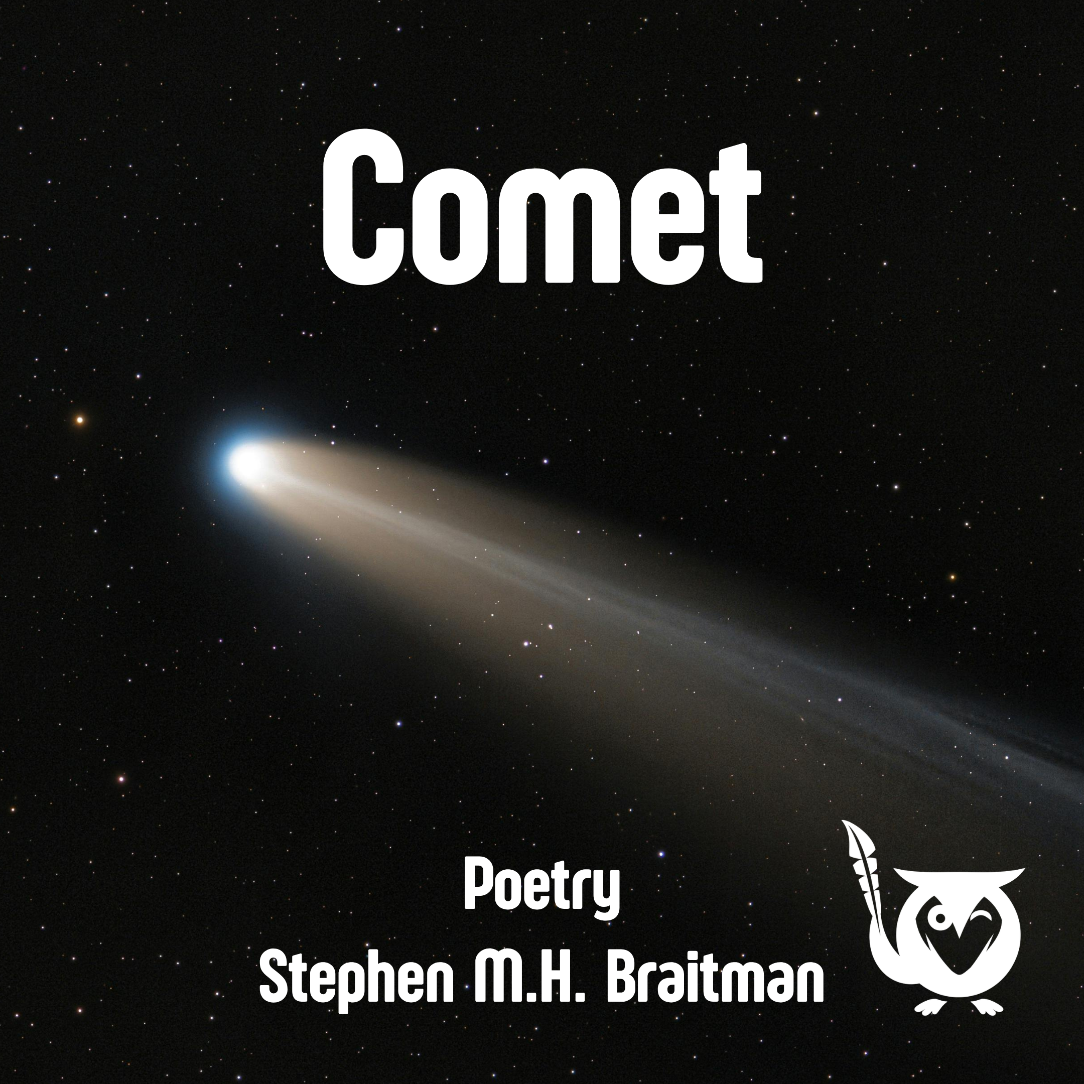 Comet A picture of a comet flyign through deep dark space. Interruption and spectacle Text: Comet, Stephen M.H. Braitman, Poetry