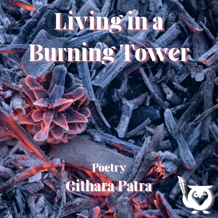 Recently burned ashes, still glowing from being on fire. Every little pain Text: Living in a Burning Tower, Cithara Patra, Poetry