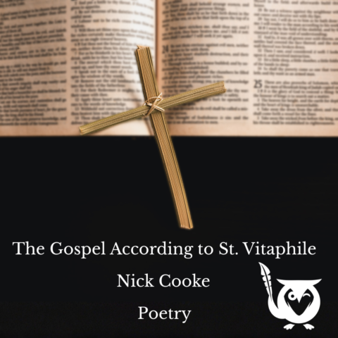 An open bible page with a wooden cross in the middle held together by twine. Apostles Text: The Gospel According to St. Vitaphile, Nick Cooke, Poetry