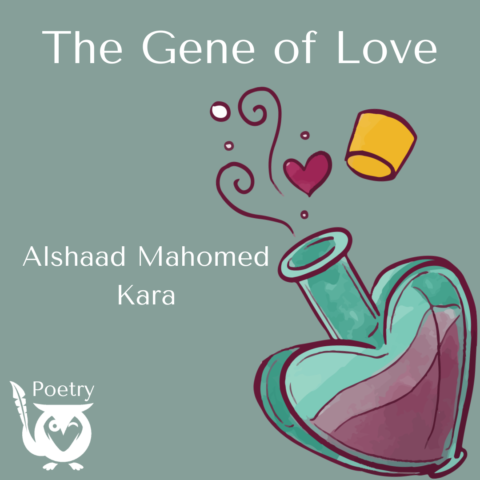 A heart shaped potion bottle filled with purple liquid. Passion of Pathos Text: The Gene of Love, Alshaad Mahomed Kara, Poetry