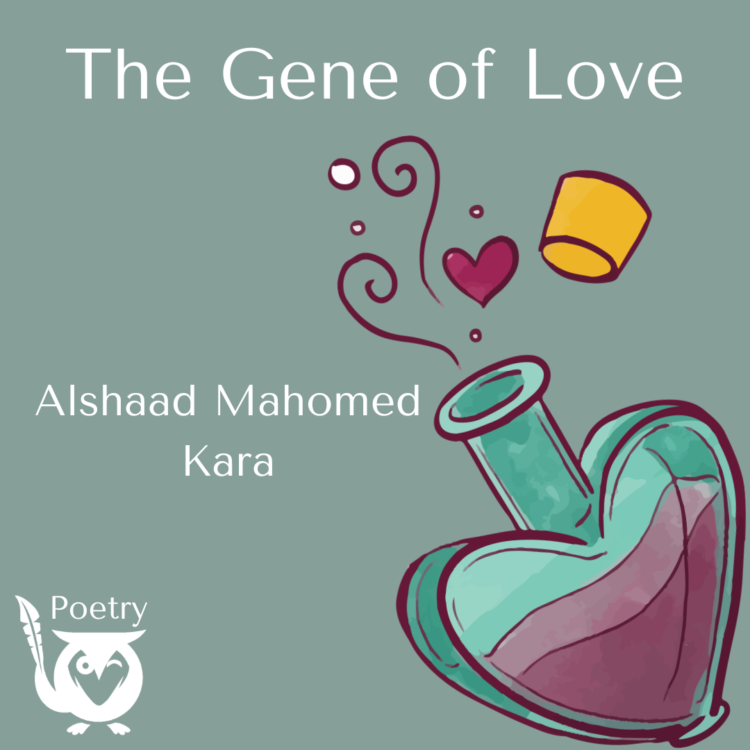 A heart shaped potion bottle filled with purple liquid. Passion of Pathos Text: The Gene of Love, Alshaad Mahomed Kara, Poetry