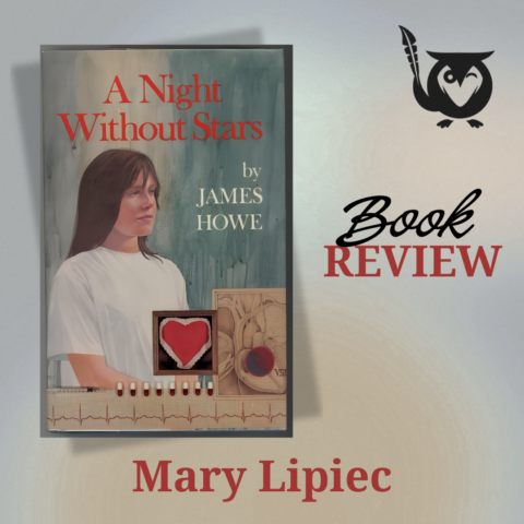 Muted pastel background with the book cover of A Night Without Stars featured on the left, showing a young woman in a hospital gown. TEXT: Book Review - Mary Lipiec