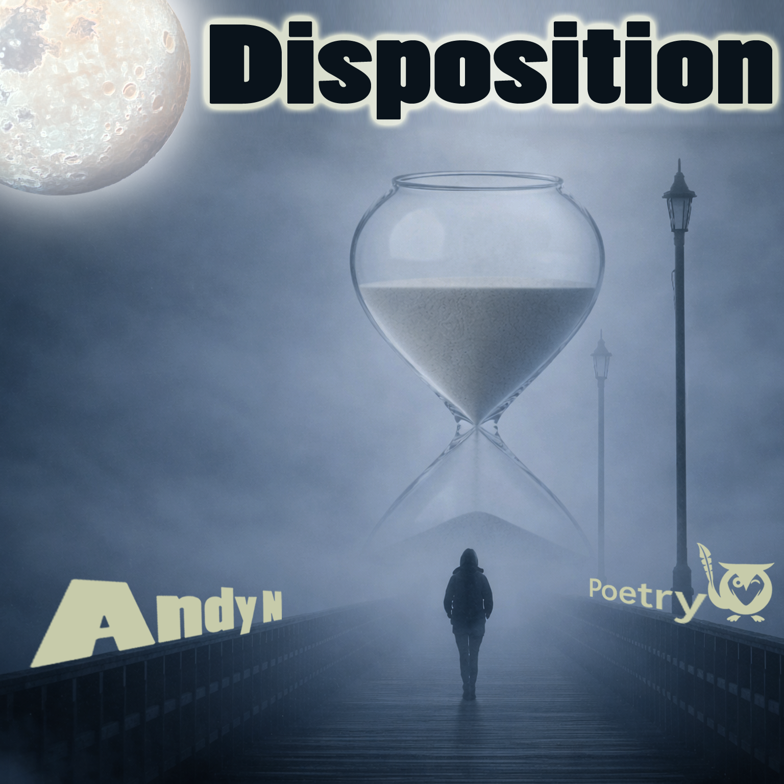 A man walking down a dark street, walking towards an hour glass. The moon is in the sky and the street is lit up by street lights. Dyspraxia Text: Disposition, Andy N, Poetry
