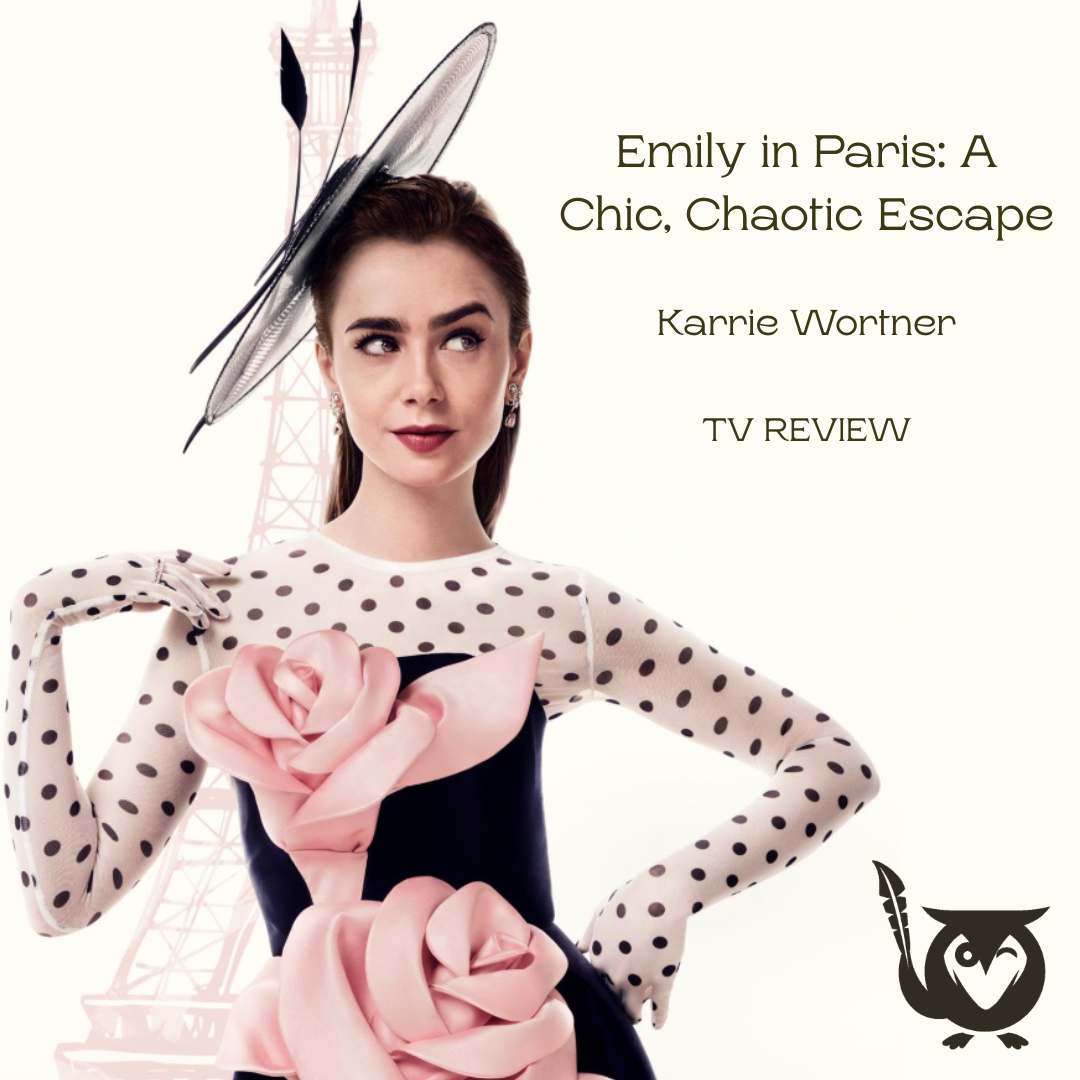 A portrait of the character Emily cutout against a white background with a pink icon of the Eiffel Tower behind her. Emily in Paris Text: Emily in Paris: A chic, Chaotic Escape, Karrie, Wortner, Tv Review