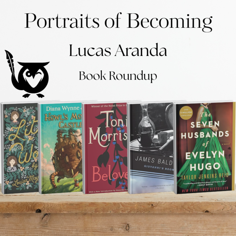 Collection of book covers across bottom row, coming in a variety of colors. TEXT: Portraits of Becoming - Lucas Aranda - Book Roundup